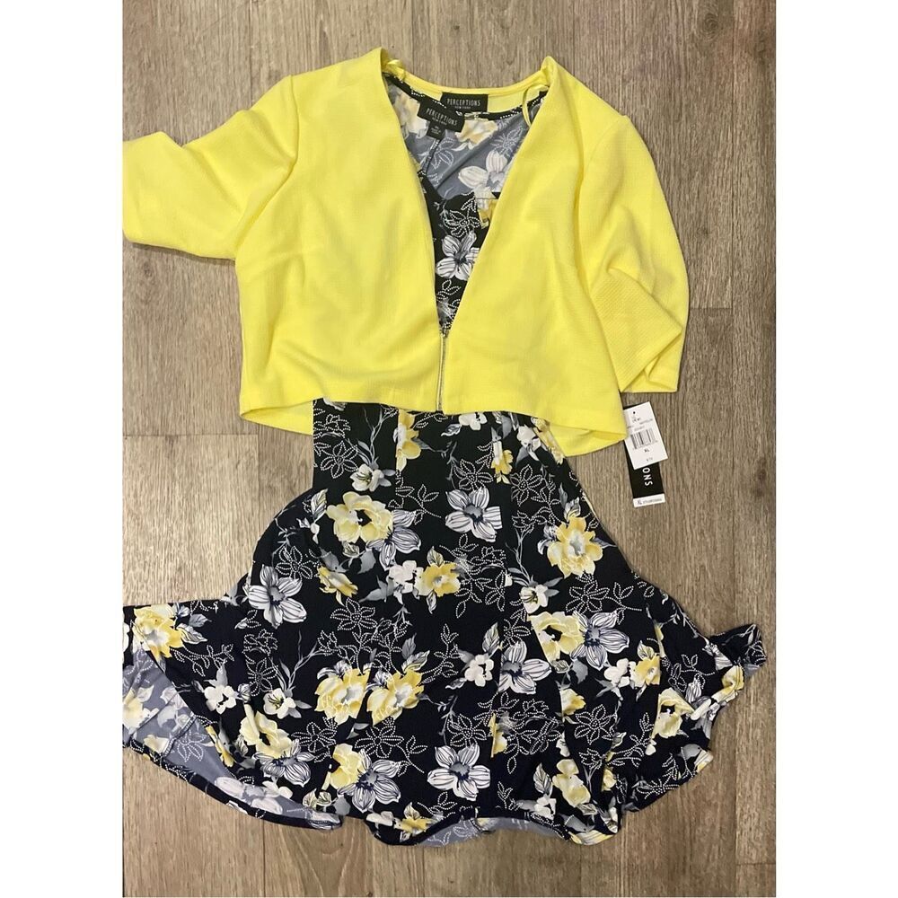 Perceptions Dress and Jacket Yellow and Black Floral XL New
